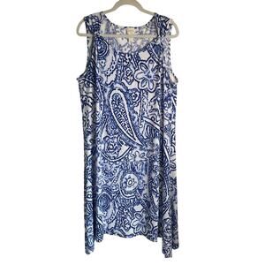 Chico’s Midi Dress Paisley Blue White Sleeveless Stretchy Sz XL Coastal Beachy
